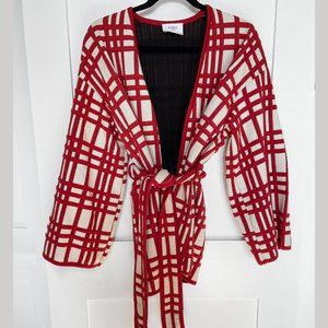 Zara White and Red Check Plaid Tie Waist Wrap Kimono Jacket